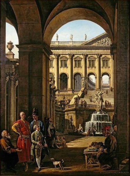 Bernardo Bellotto Fantastic architecture with portrait of Franciszek Salezy Potocki and his son Stanislaw Szczesny. china oil painting image